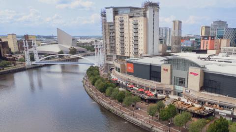 Quayside shopping centre in Salford, the tower blocks. The towerblocks, bridge and Impreial War Musum can be seen in the background
