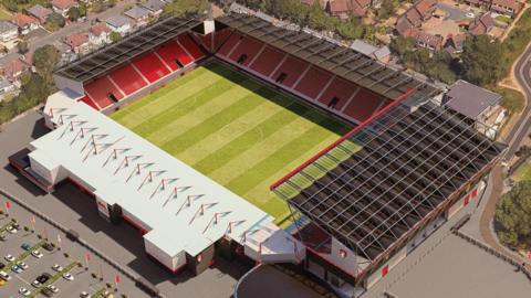 A computer generated image of new plans for Vitality Stadium, including extended stands and a new grandstand.
