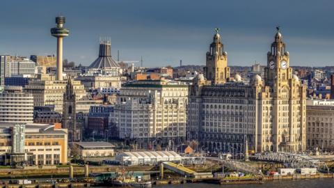 An aerial view of Liverpool showing the Liver Building and the River Mersey waterfront