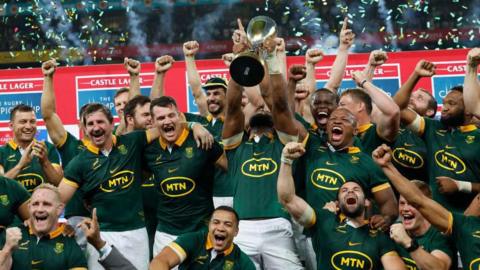 Siya Kolisi lifts the Rugby Championship trophy