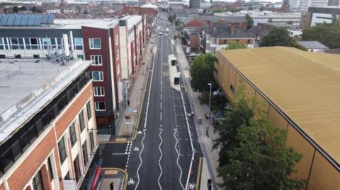 Aerial image of Linthorpe Road showing the cycle lanes.