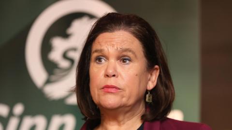 Mary Lou McDonald. She has a brown bob, wearing a dark pink blazer and earrings.
