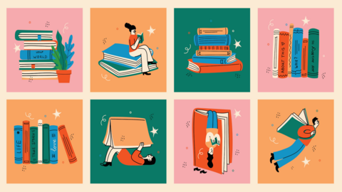 Vector style illustration of reading people, young man reading book flying in the sky.