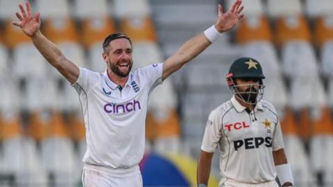 England's Chris Woakes successfully appeals for lbw against Pakistan's Babar Azam