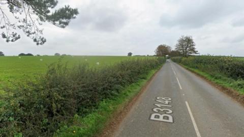 A Google Maps screengrab showing the B3148, which is a country road with hedges and fields on either side.