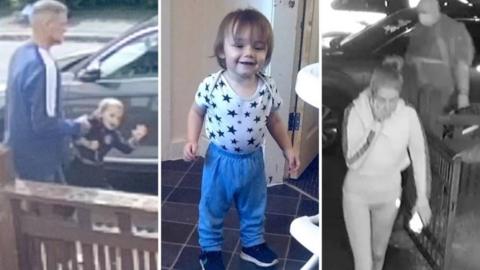 A composite of three images. On the left a man in a blue jumper is holding a child by the arm, in the middle is a young boy wearing blue trousers and a white t-shirt with stars on it, and on the right is a black and white image of a woman in a white hoody