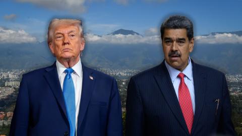 President Donald Trump and President Nicolás Maduro superimposed on a picture of Venezuela