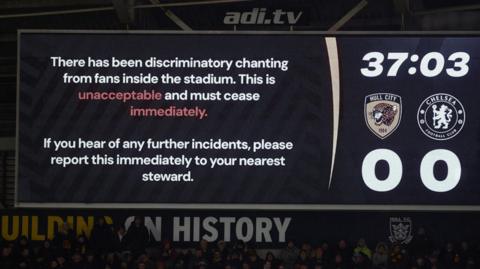 A message is shown at Hull City's stadium calling for discriminatory chanting to stop