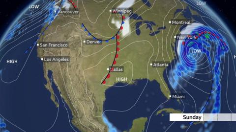 Map of North America showing storm swirl off the East Coast