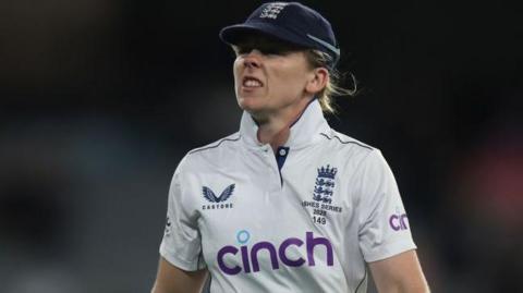 Heather Knight looking unhappy during the Ashes Test match v Australia