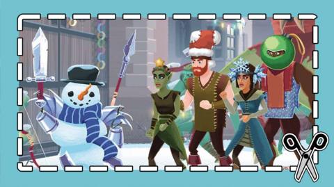Guardians: Defenders of Mathematica characters wearing festive and wintery costumes in a snowy scene with a snowman.