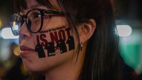  A demonstrator is seen as thousands attend a protest against parliament reform in Taipei, Taiwan 28 May 2024