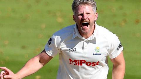 Timm van der Gugten celebrates after taking a wicket for Glamorgan against Lancashire