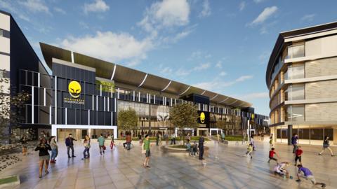 An artist's impression showing Sixways from a square in front of the stadium with people walking and talking. In the foreground two children are playing.