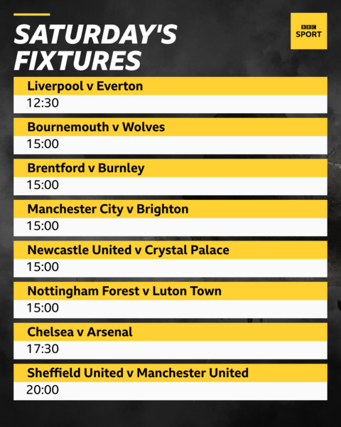 Saturday's Premier League fixtures: Liverpool v Everton, Bournemouth v Wolves, Brentford v Burnley, Manchester City v Brighton, Newcastle v Crystal Palace, Nottingham Forest v Luton, Chelsea v Arsenal, Sheffield United v Manchester United