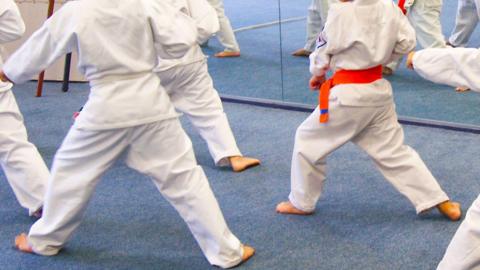 children dressed in karate gear in a classroom with a mirror all the way along the back wall