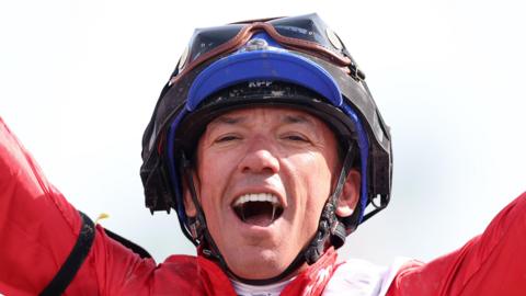 Frankie Dettori roars in celebration after winning the Maker's Mark Breeders' Cup Filly and Mare Turf race at Santa Anita Park in November 2023