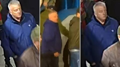 Three blurred CCTV images of a man with grey hair wearing a blue jacket.