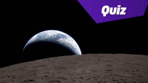 A view of Earth, partially hidden behind the Moon, captured through the Orion spacecraft window. There is a graphic in the top right hand corner which says Quiz