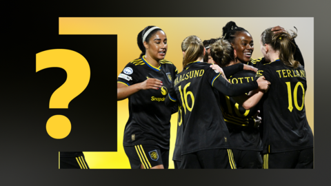 Graphic featuring Manchester United players celebrating a Women's Champions League goal