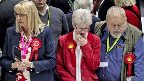  Labour party supporters look-on as counting gets underway at Barnsley Metrodome on May 08, 2026 in Barnsley, England. 