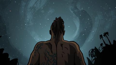 An illustration of a man standing with his back to us, looking up at the night sky full of stars