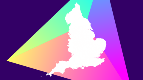 A map of England over a purple background with a colourful pyramid.