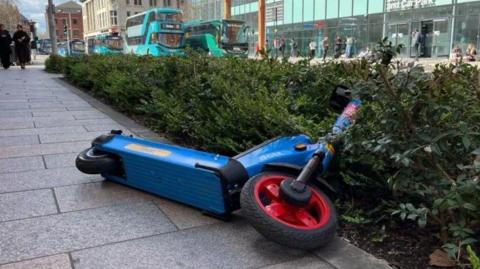 An image of an e-scooter on its side in a bush. 