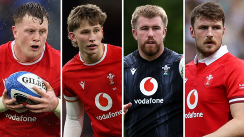 Four individual close-up pictures of players left to right: Evan Lloyd, Ellis Mee, Garyn Phillips and James Ratti