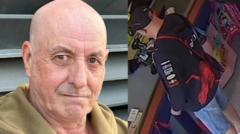 A man with no hair, wearing a yellowish hoody is looking at the camera. Next to him is a CCTV image