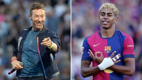 A split image of Chris Martin and Lamine Yamal