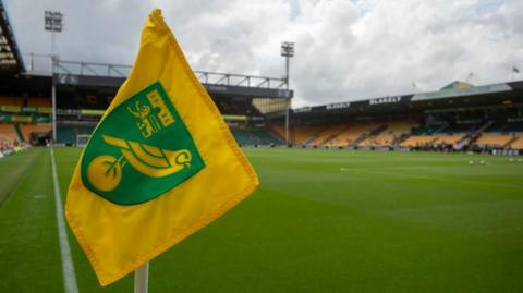 Norwich City crest on a corner flag at Carrow Road