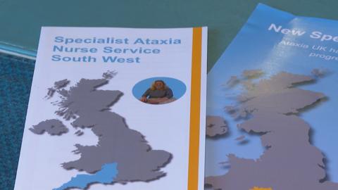 The leaflet shows a map of Great Britain and the area the nurse covers is marked in blue. Her picture is in the top right corner of the leaflet. It says Specialist Ataxia Nurse Service South West on it.