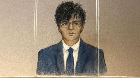 Court sketch of Zhenhao Zou, a man with black hair wearing a blue suit, white shirt and blue tie, sitting in the dock behind glass panels