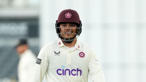 Ricardo Vasconcelos with his maroon Northants batting helmet on