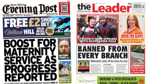 Front pages of the South Wales Evening Post and the Wrexham Leader