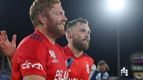 Jonny Bairstow and Phil Salt congratulate each other after guiding England to Super 8 win over West Indies