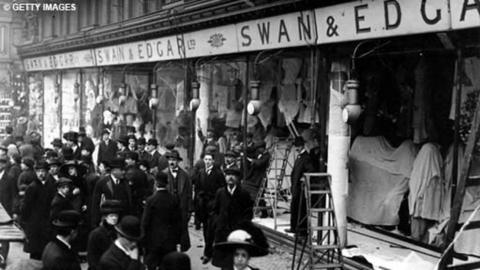 The window of Swan and Edgar's after it was smashed by suffragettes. 