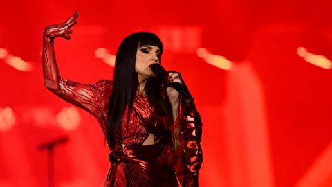 Albanian duo Shkodra Elektronike representing Albania with the song "Zjerm" performs during the first semi-final of the Eurovision Song Contest 2025