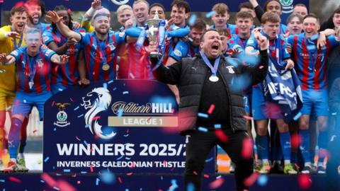 Inverness Caledonian Thistle head coach Scott Kellacher, dressed in black, joins the rest of the team celebrate the League One win on Saturday.
