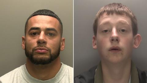 Police custody photographs of Alistair Renwick and Callum Traynor, Renwick has dark hair and beard and is wearing a grey top. Trainor has short brown hair and is wearing a dark top.