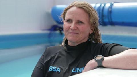 Lindsey Prior Mckie pictured in the swimming pool facing camera