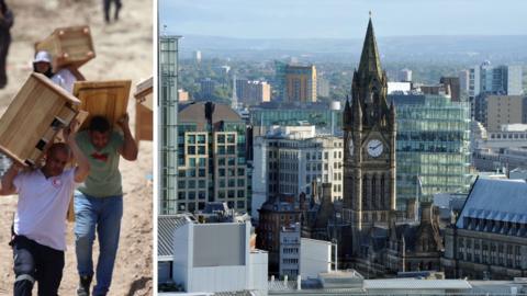 Composite image showing men carrying furniture and the Manchester skyline