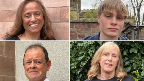 Malkit is smiling at the camera and has light-brown, shoulder length hair, Ben is a teenage student with fair hair with a fringe that is just below his eyebrows, Chris is a middle-aged man with a balding forehead and Beverley has blonde shoulder-length hair.