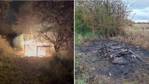 Two photos side-by-side. The photo on the left shows a blazing fire win a woodland at night. The photo on the right shows debris of a fire in a woodland in the day.