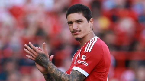 Darwin Nunez applauds Liverpool fans as he is substituted during the team's friendly with Athletic Bilbao in 2025