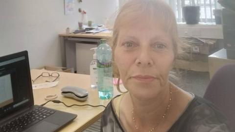 Frédérique Poujades in her office at the University of Nottingham, taking a selfie.