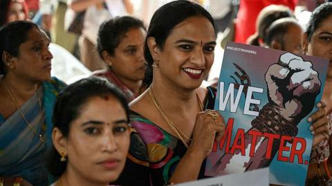Activists and members of the transgender community take part in a demonstration against the proposed Transgender Persons (Protection of Rights) Amendment Bill in Hyderabad on 18 March 2026.