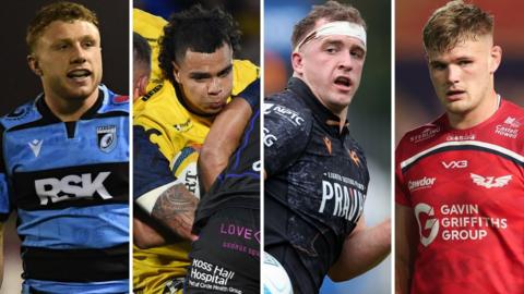 L-R: Cardiff's Tom Bowen, Dragons' Mackenzie Martin, Morgan Morse of Ospreys and Scarlets' Taine Plumtree