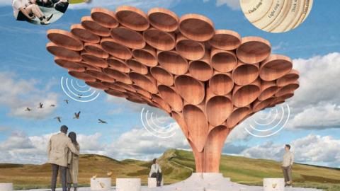 An artist's impression of a tall wooden canopy-like structure made of upturned bowl-shaped pieces. The structure is placed on a white platform on a hilly landscape with people looking up at it.